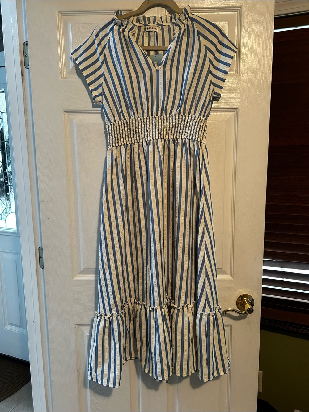 NWT Capshe Blue and White Striped Smocked Waist Dress